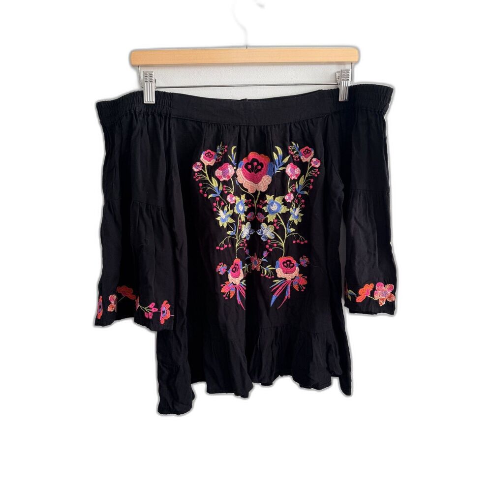 Umgee USA Black Floral Embroidered Off Shoulder Boho Blouse Bell Sleeve Small